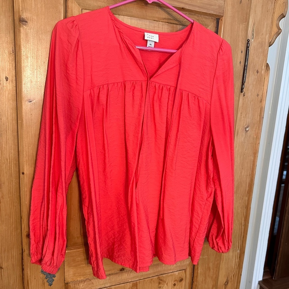 A New Day Cheery Red Blouse w/Tie @Neck Sz XL Preppy Boho Eclectic Grandpa